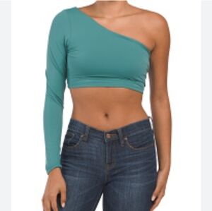 Susana Monaco "Blue Spruce" Teal One Shoulder Long Sleeve‎ Crop Top Large NWT